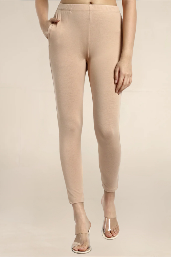 Women Cream Ankle Length Pocket Legging