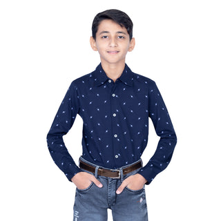 Boys Navy Full Sleeves Shirt With Cool Pattern