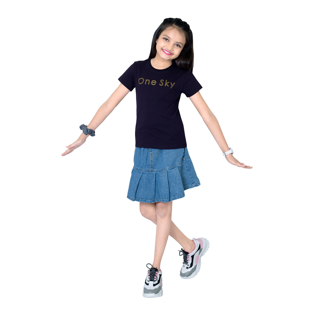 Girls Black Round Neck T-Shirt