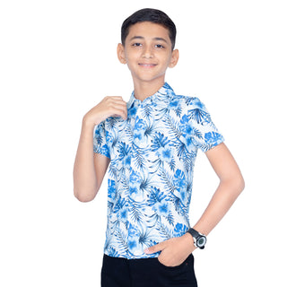 Boys White Hawaiian Printed Button Up Shirt