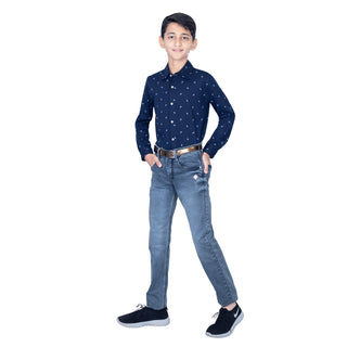 Boys Navy Full Sleeves Shirt With Cool Pattern