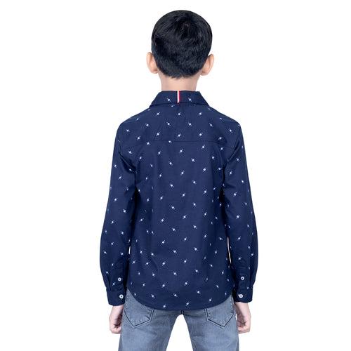 Boys Navy Full Sleeves Shirt With Cool Pattern