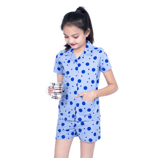 GIRLS POLKA DOTS NIGHT DRESS SHIRT & SHORTS FRESH SKY