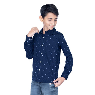 Boys Navy Full Sleeves Shirt With Cool Pattern