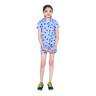 GIRLS POLKA DOTS NIGHT DRESS SHIRT & SHORTS FRESH SKY