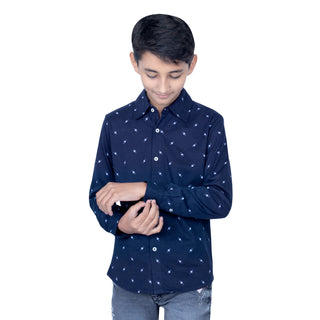 Boys Navy Full Sleeves Shirt With Cool Pattern