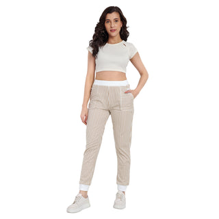 Women Beige Vogue Voyage Striped Jogger