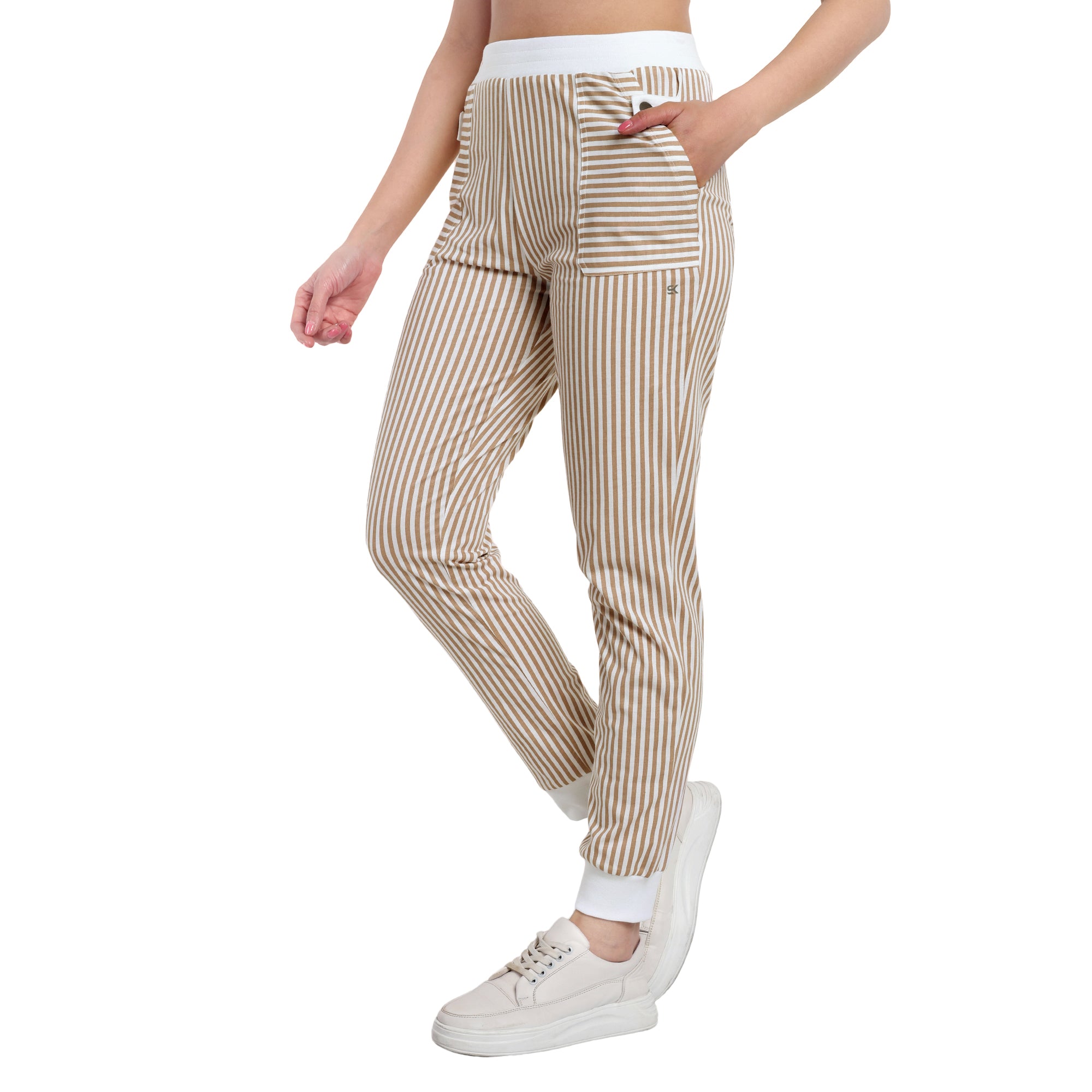 Women Beige Vogue Voyage Striped Jogger