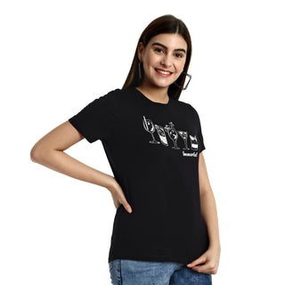 Women Black Printed Round Neck T-Shirt