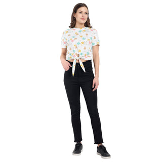 Women White Floral Knotted Crop Top