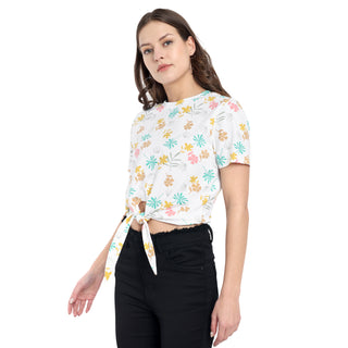 Women White Floral Knotted Crop Top