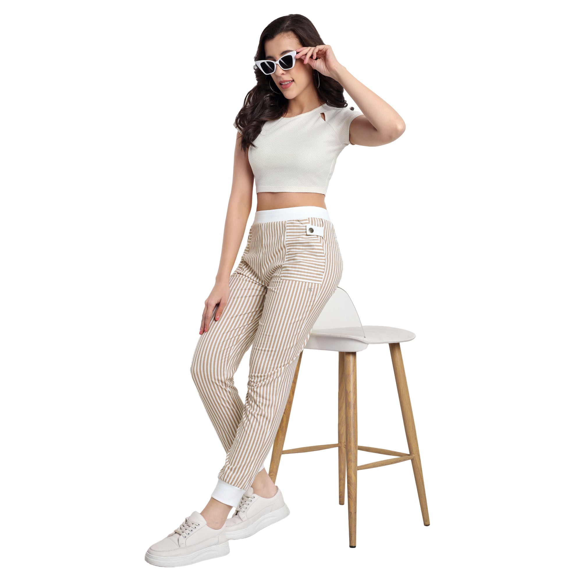 Women Beige Vogue Voyage Striped Jogger