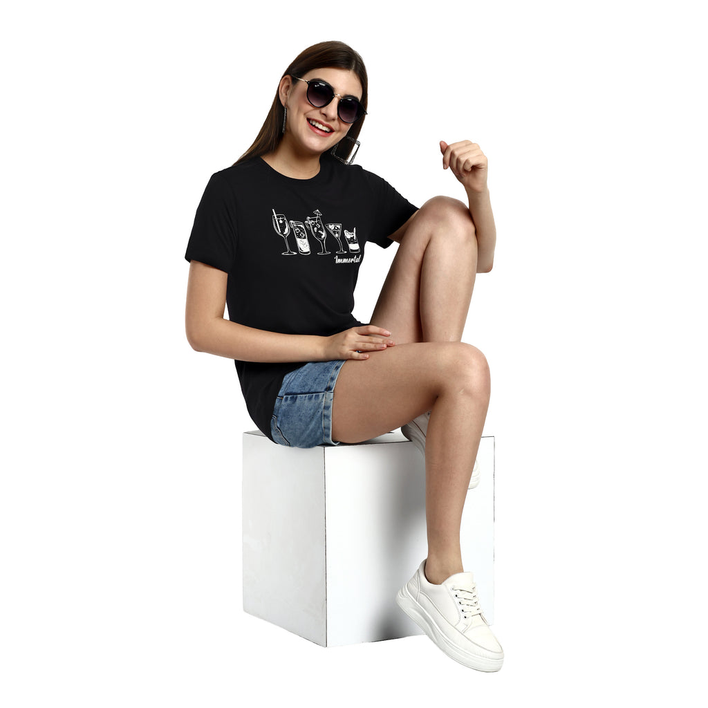 Women Black Printed Round Neck T-Shirt