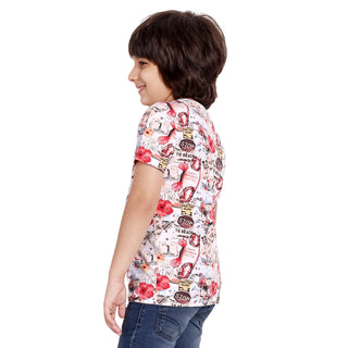 Kids White Printed Round Neck T-Shirt