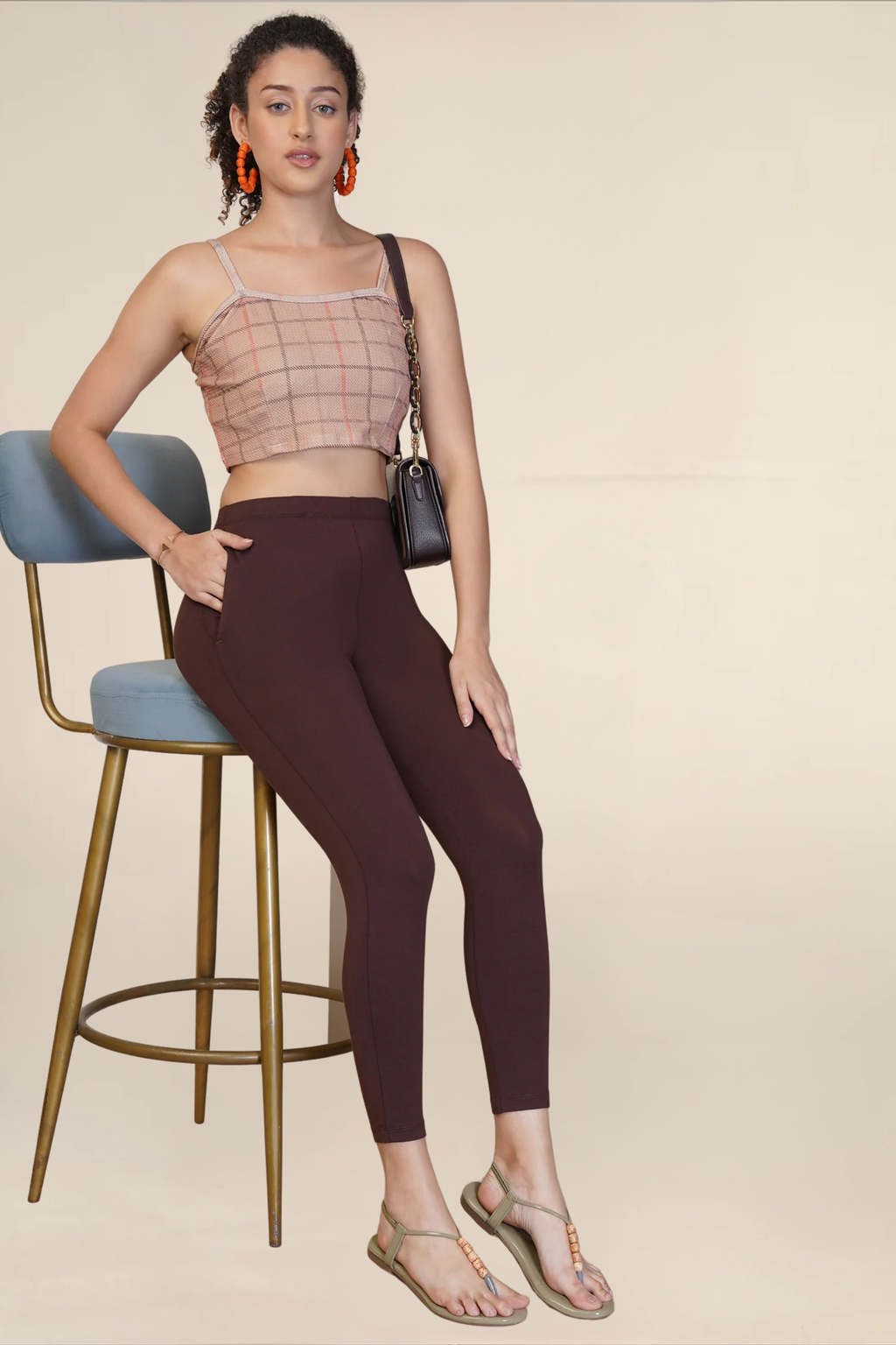 WOMENS DEEP BROWN ANKLE LENGTH POCKET LEGGING