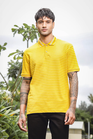 Men Mustard Classic Striped Polo T-Shirt