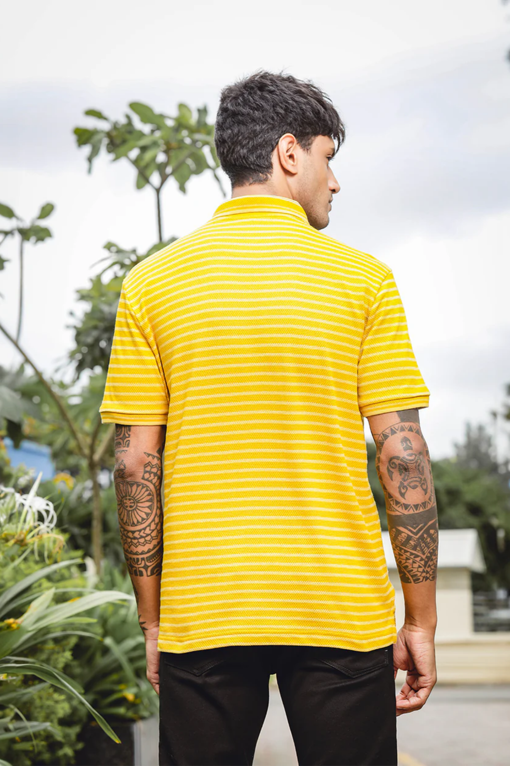 Men Mustard Classic Striped Polo T-Shirt