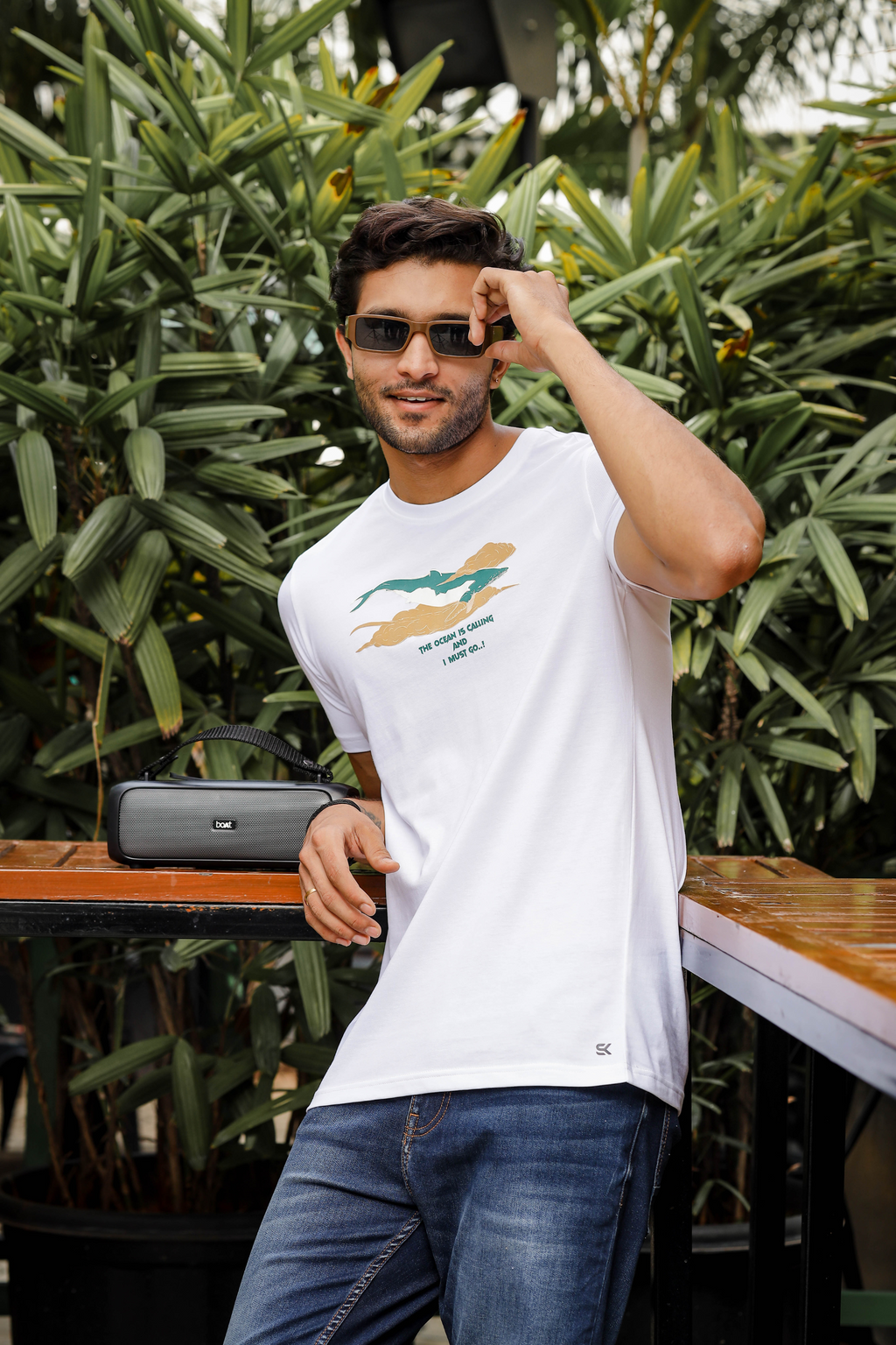 Mens Printed Round Neck White T-Shirt