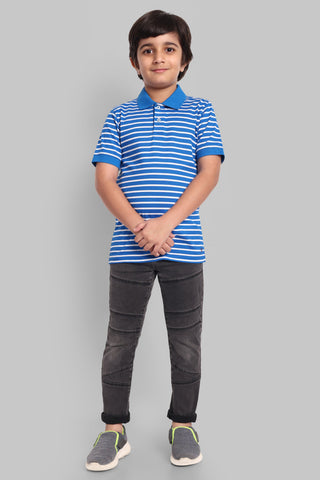 Boys Classic Cotton Polo T-Shirt with Stripes Blue
