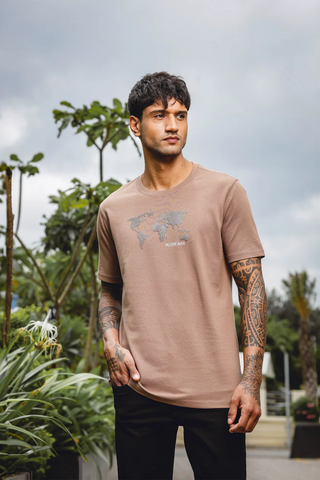 Men's Embroidered Round Neck Pure Cotton Brown T-Shirt