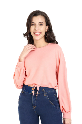 Women Coral Almond Trendy Balloon Sleeves Top