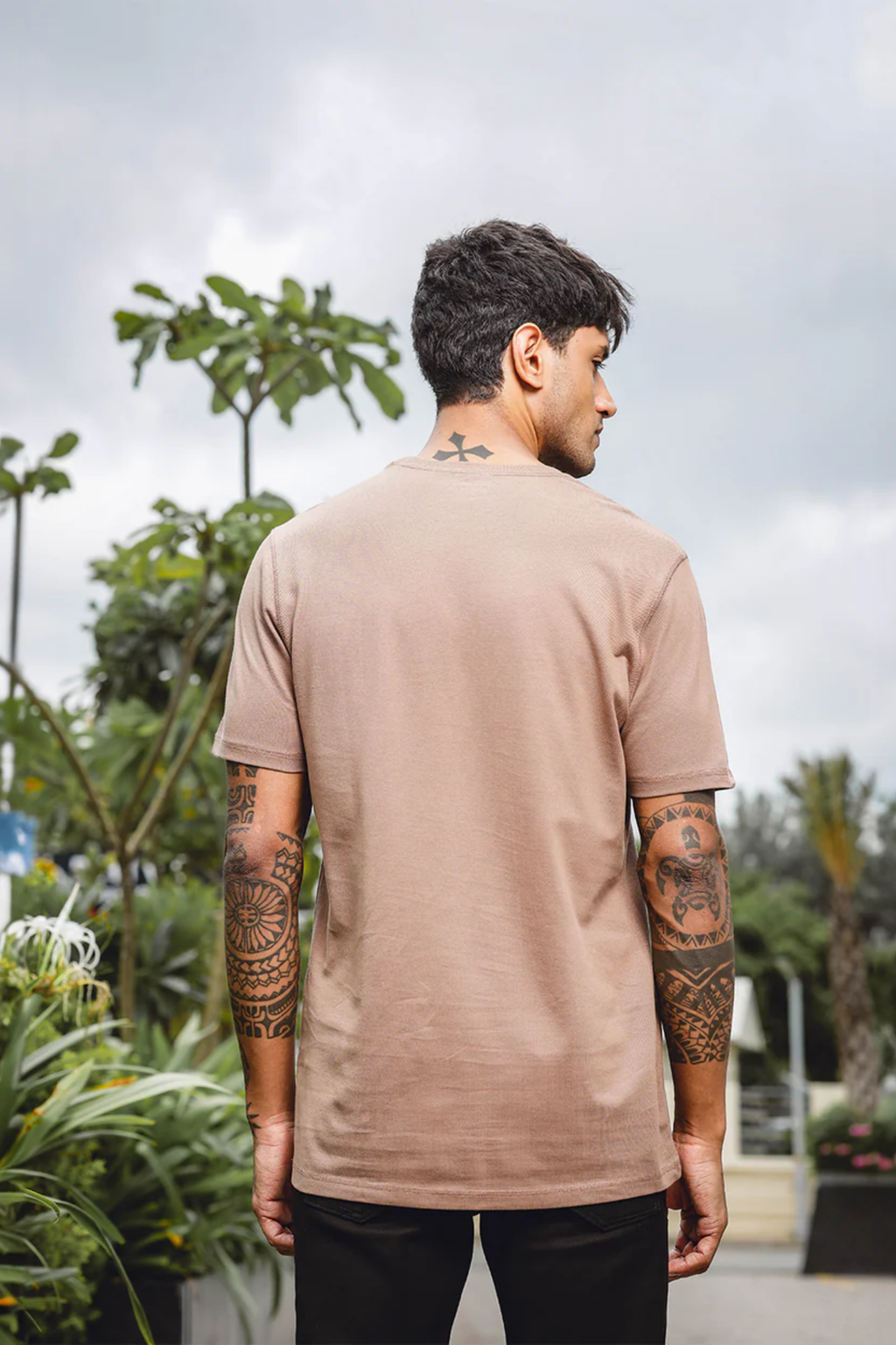 Men's Embroidered Round Neck Pure Cotton Brown T-Shirt