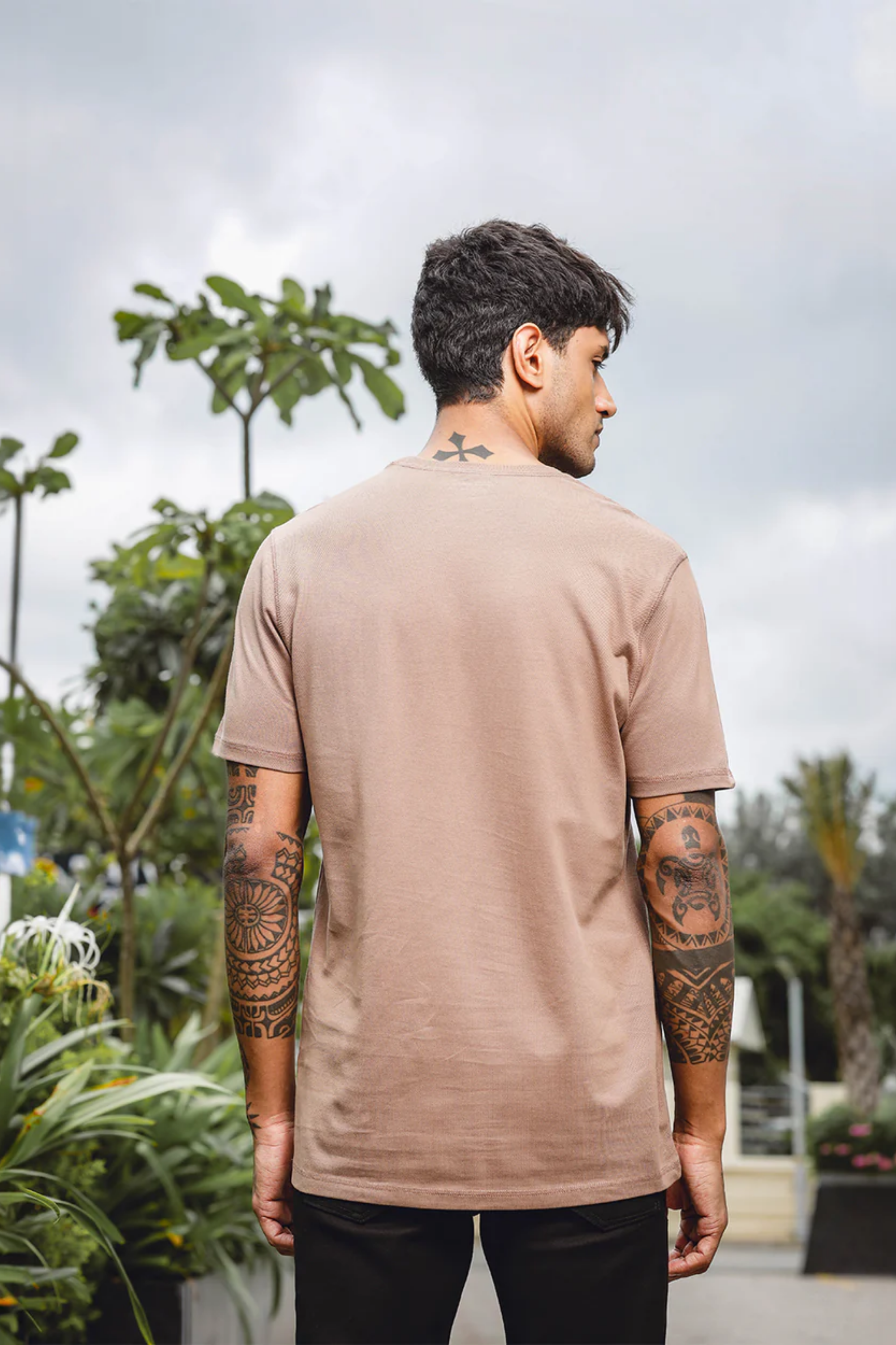 Men's Embroidered Round Neck Pure Cotton Brown T-Shirt