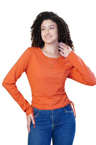 Women Bright Orange Pure Cotton Textured Neckline Top