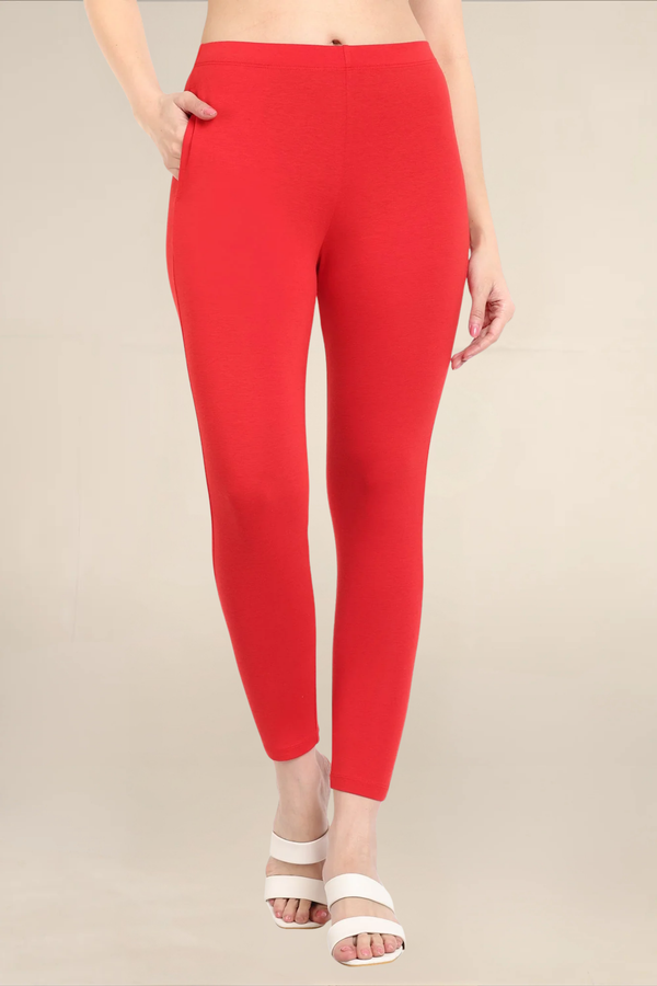 Women Dark Red Ankle Length Pocket Legging