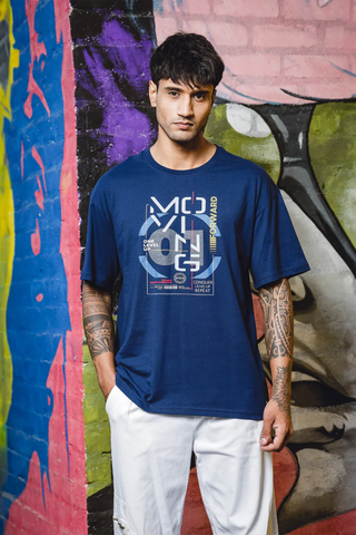 Men's Printed Round Neck Pure Cotton Blue Oversize T-Shirt