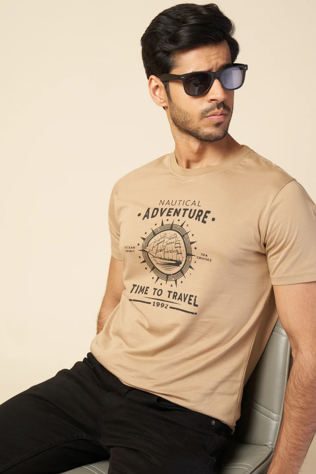 Men Sand Round Neck T-Shirt