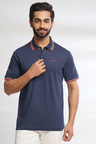 Men Navy Solid Cotton Polo T-Shirt