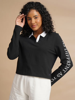 WOMENS PRINTED FULL SLEEVE BLACK POLO TSHIRT