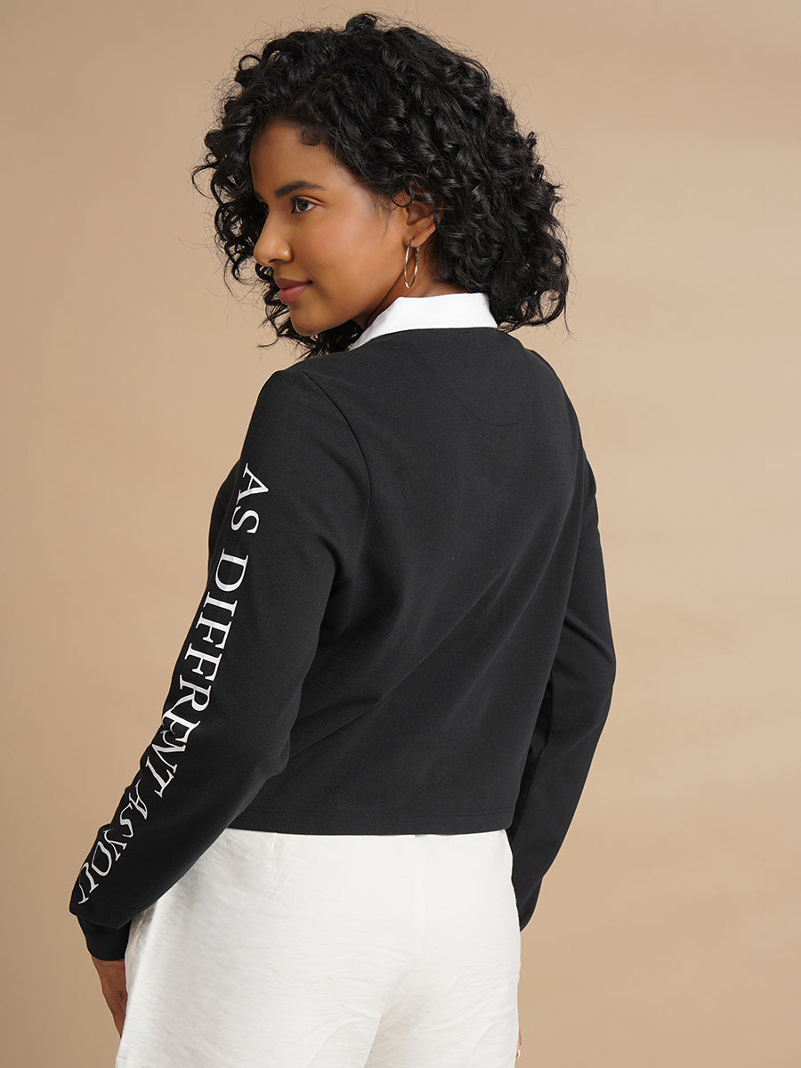 WOMENS PRINTED FULL SLEEVE BLACK POLO TSHIRT