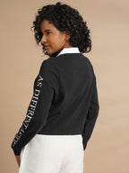 WOMENS PRINTED FULL SLEEVE BLACK POLO TSHIRT