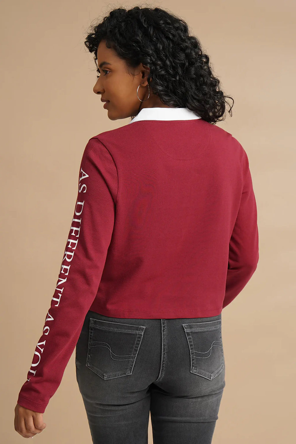 WOMENS PRINTED FULL SLEEVE RED POLO TSHIRT