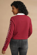 WOMENS PRINTED FULL SLEEVE RED POLO TSHIRT