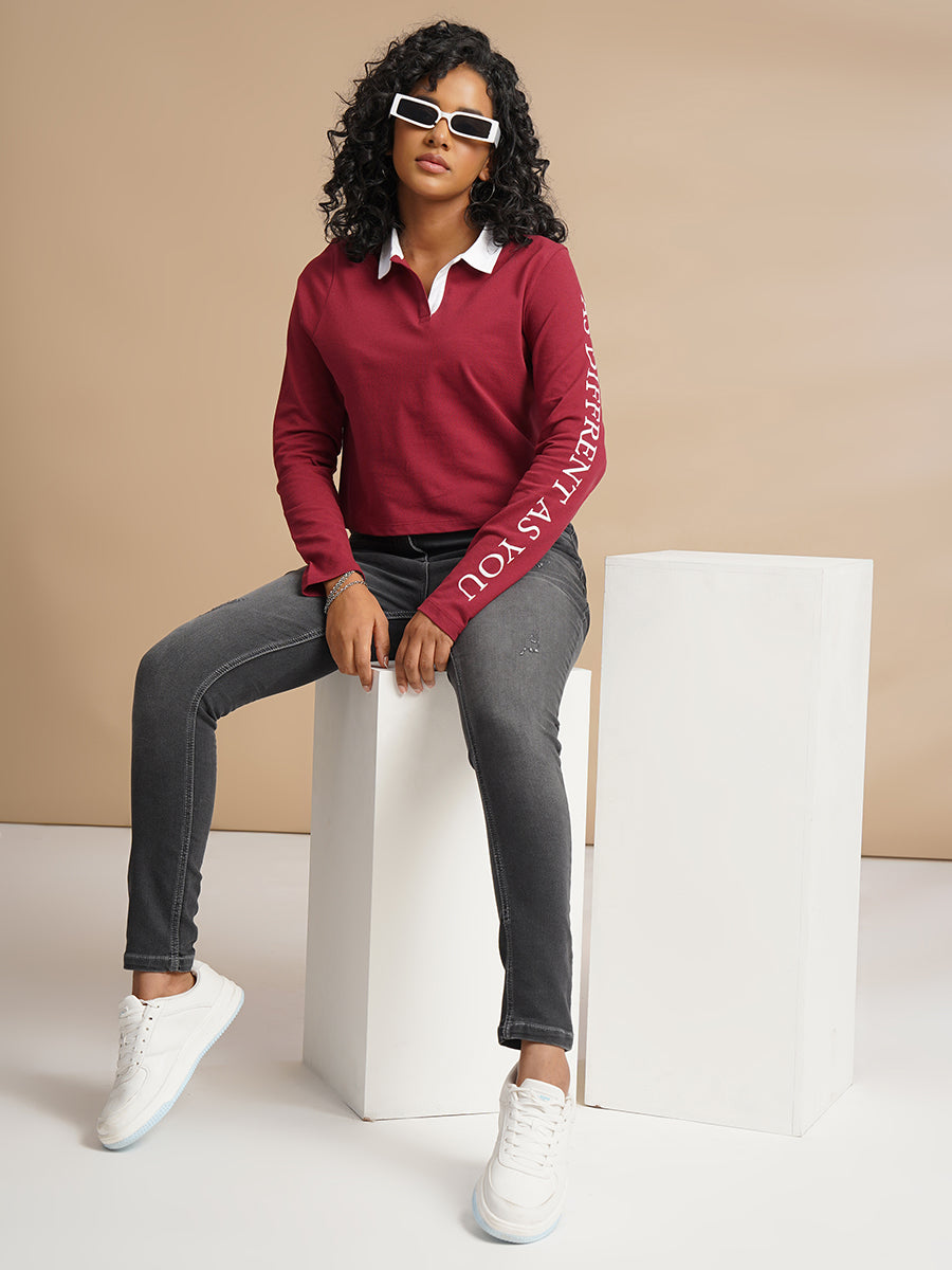 WOMENS PRINTED FULL SLEEVE RED POLO TSHIRT