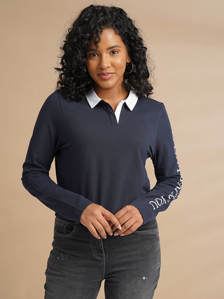 WOMENS PRINTED FULL SLEEVE BLUE POLO TSHIRT