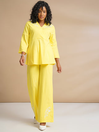 Women's Yellow Embroidered Top & Pant Co-Ord Set