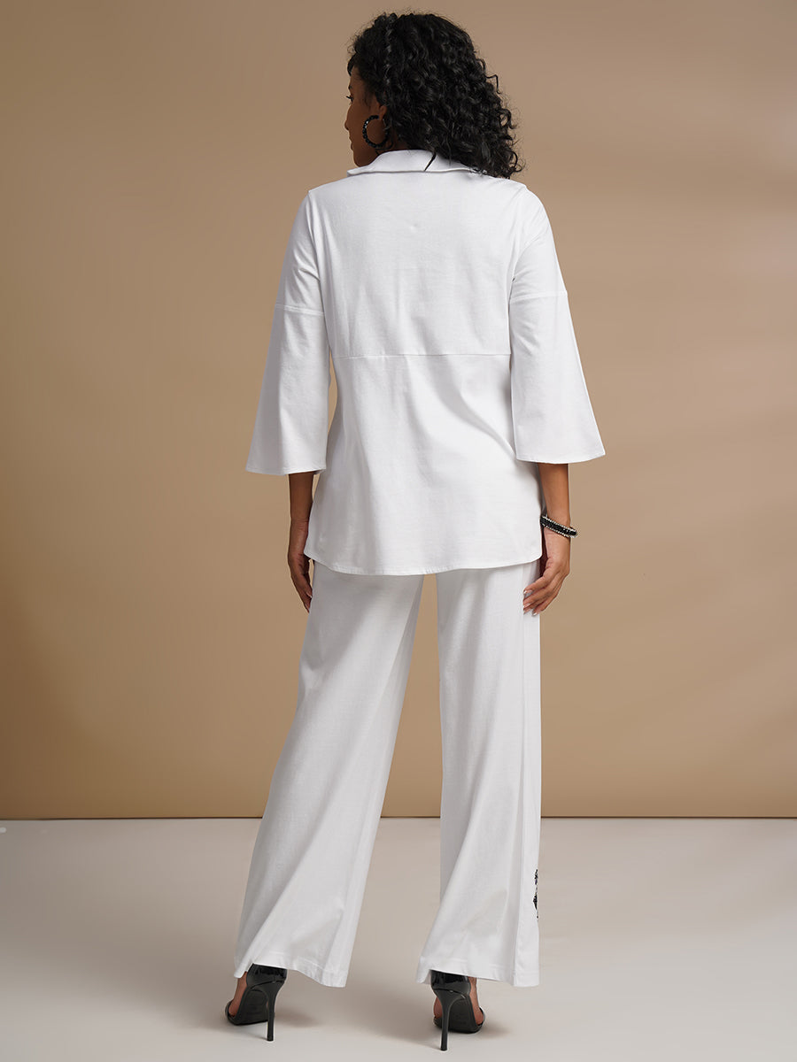 Women's White Embroidered Top & Pant Co-Ord Set
