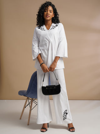 Women's White Embroidered Top & Pant Co-Ord Set