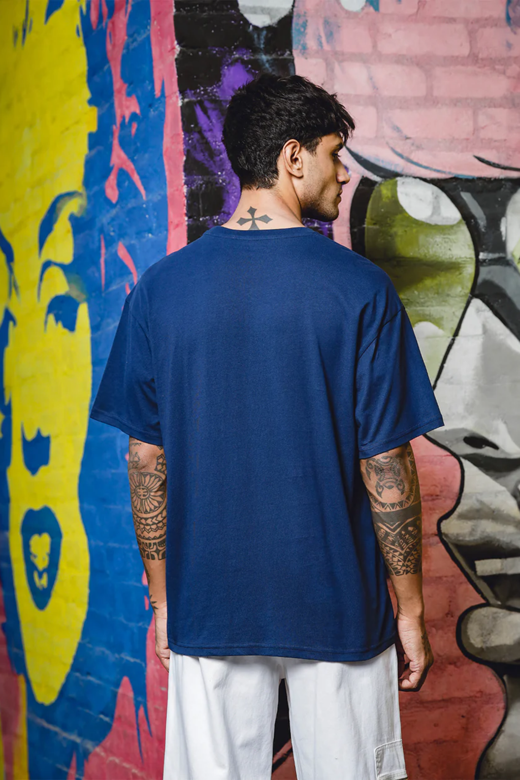 Men's Printed Round Neck Pure Cotton Blue Oversize T-Shirt