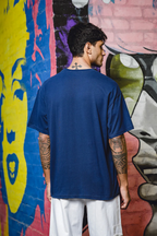 Men's Printed Round Neck Pure Cotton Blue Oversize T-Shirt