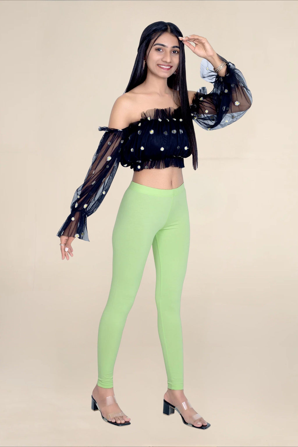 Women Soft Green Breathable Long Length Legging