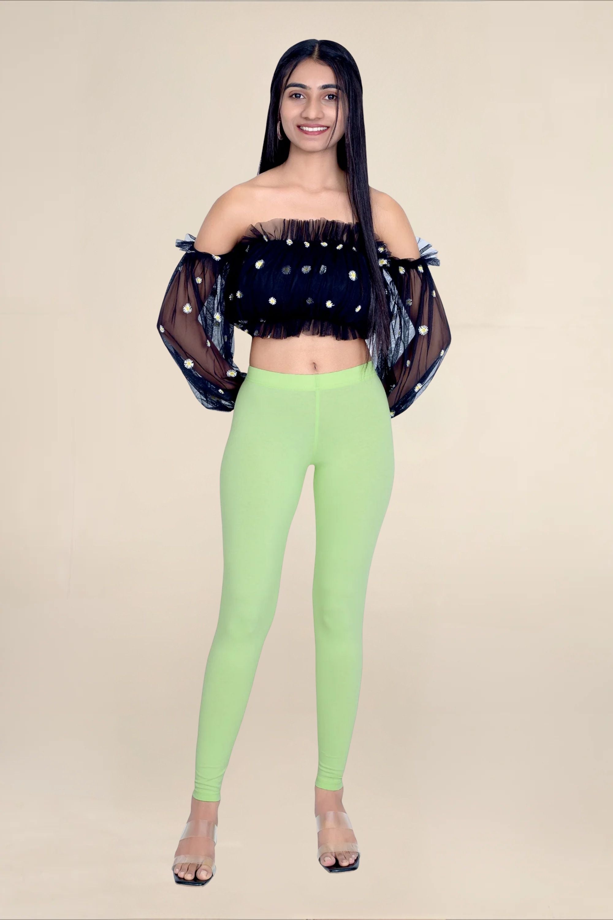 Women Soft Green Breathable Long Length Legging