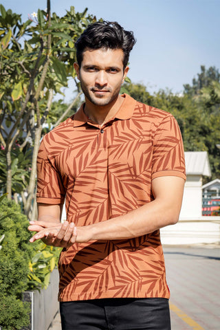 Men's Cotton Blend Leaf Printed Polo T-shirt