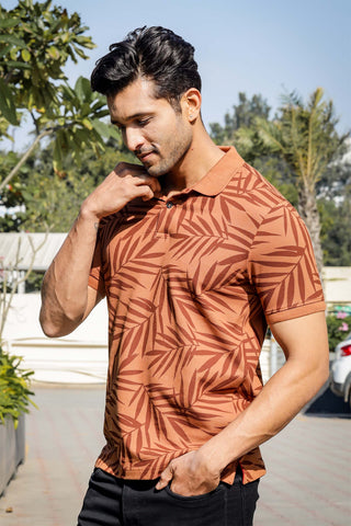 Men's Cotton Blend Leaf Printed Polo T-shirt
