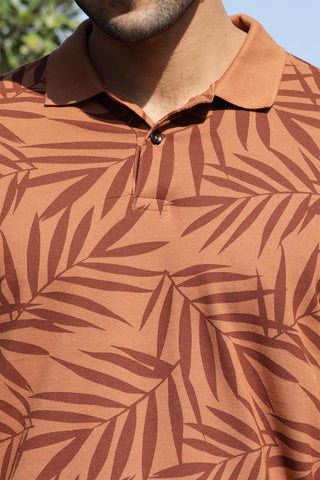 Men's Cotton Blend Leaf Printed Polo T-shirt
