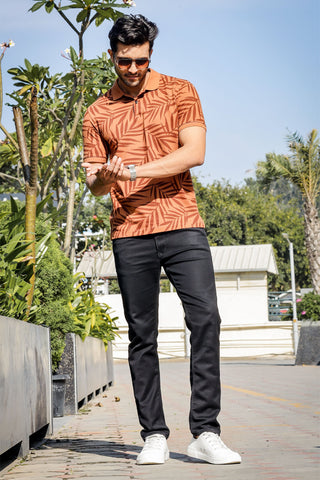 Men's Cotton Blend Leaf Printed Polo T-shirt